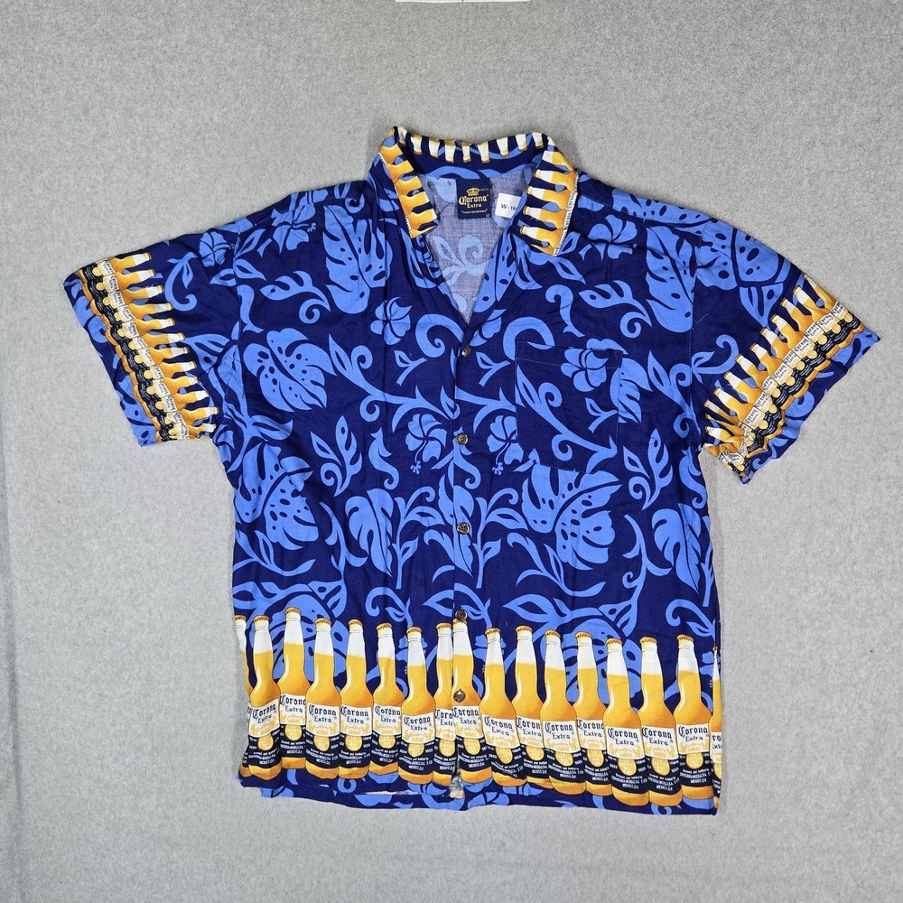Corona Extra Men Button Up Shirt XXL Blue Floral Beer Bottles Hawaiian Shirt